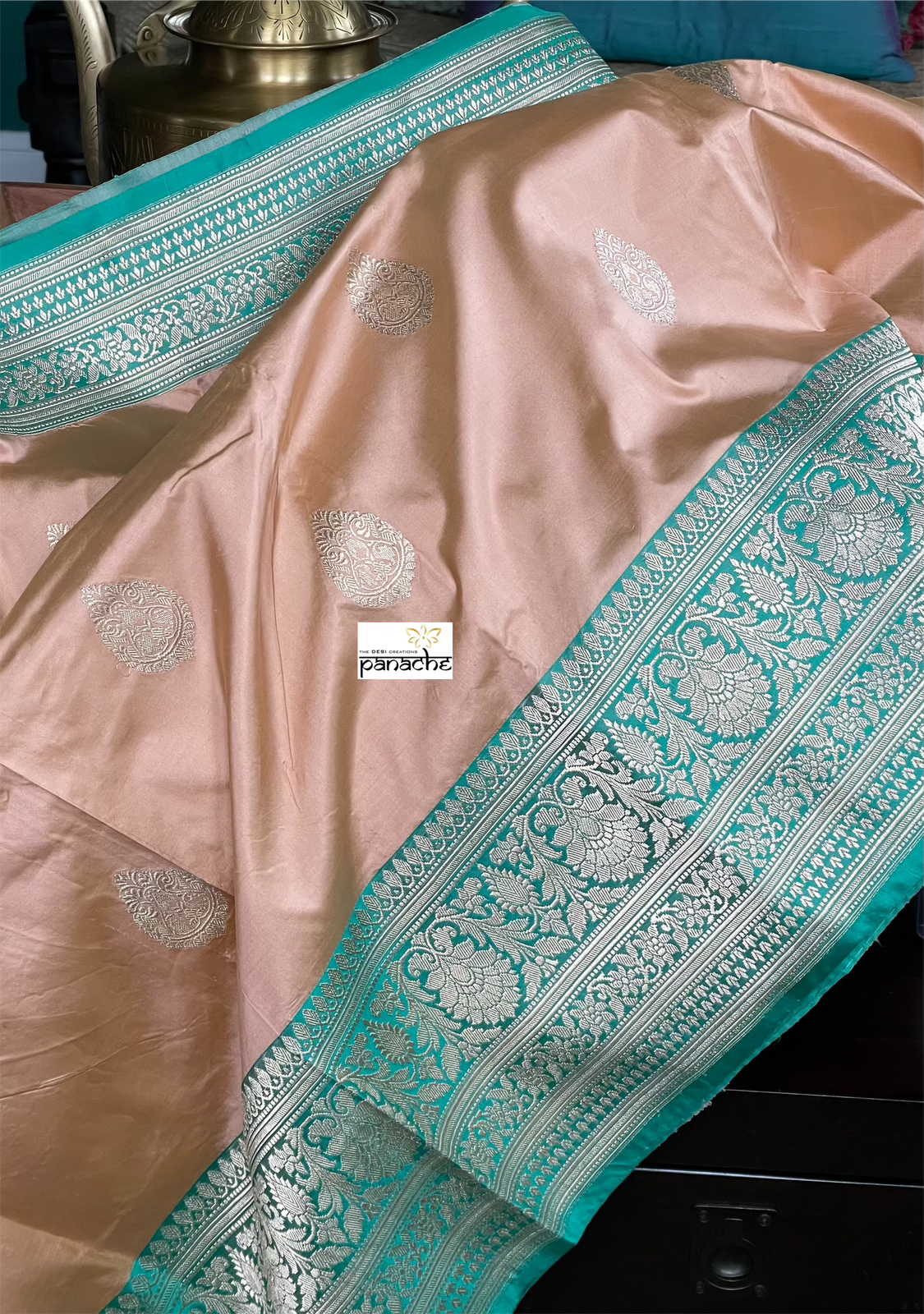 Pure Katan Silk Banarasi - Peach Sea-Green