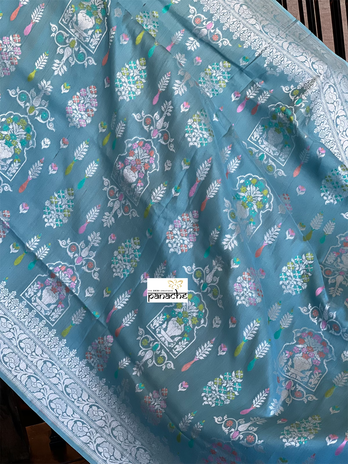 Tussar Silk Banarasi- Light Firozi Blue Silver Zari