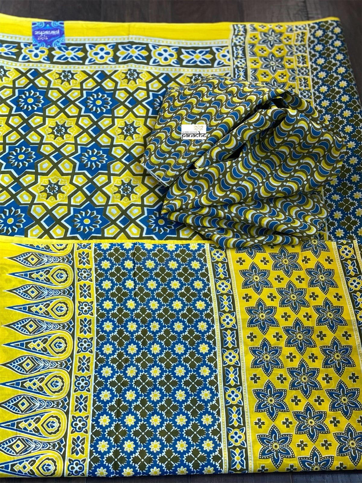 Soft Cotton Ajrakh Saree - Yellow Blue Printed