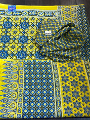 Soft Cotton Ajrakh Saree - Yellow Blue Printed