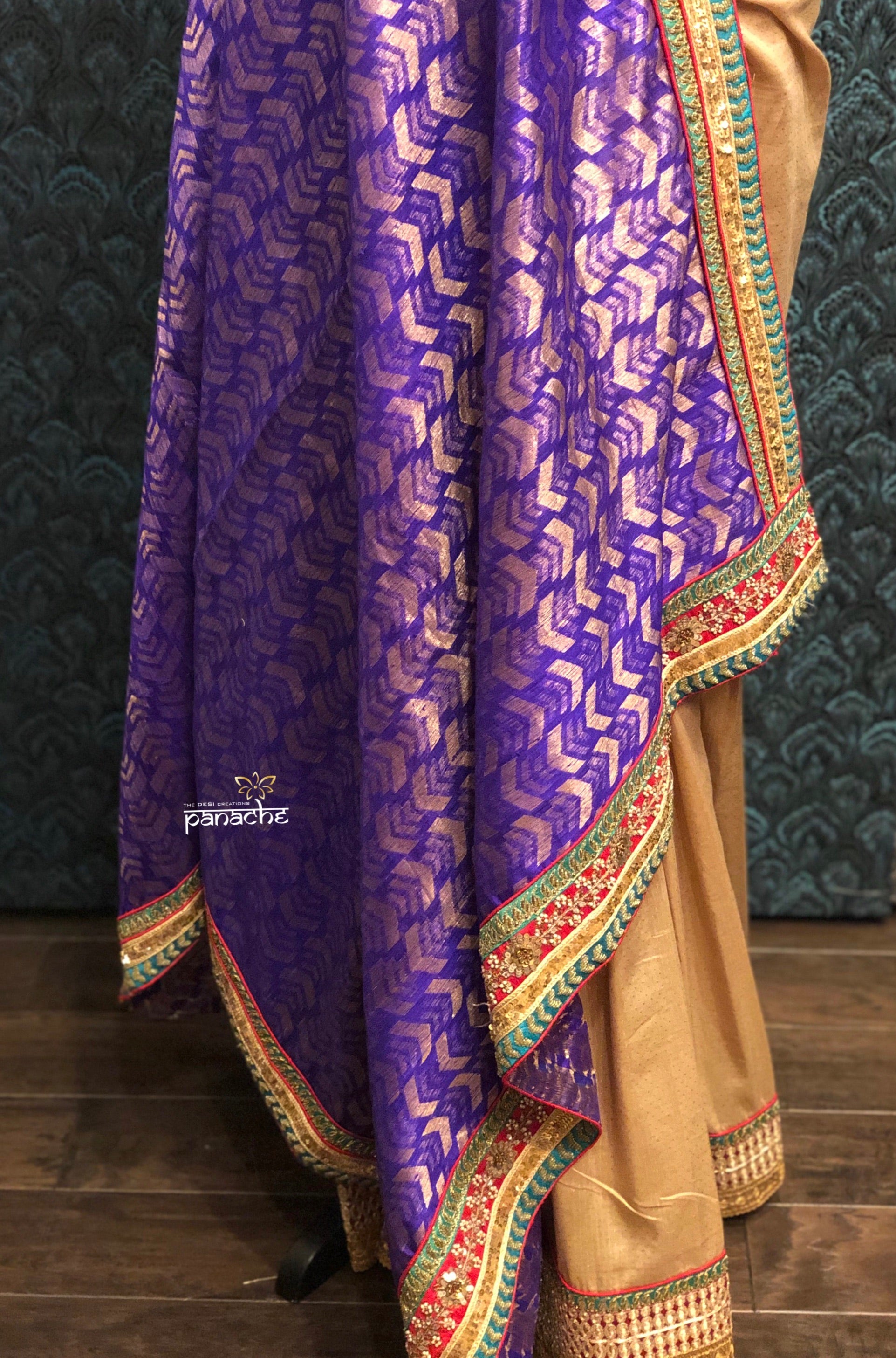 Designer Tussar Silk - Purple Golden Half Half