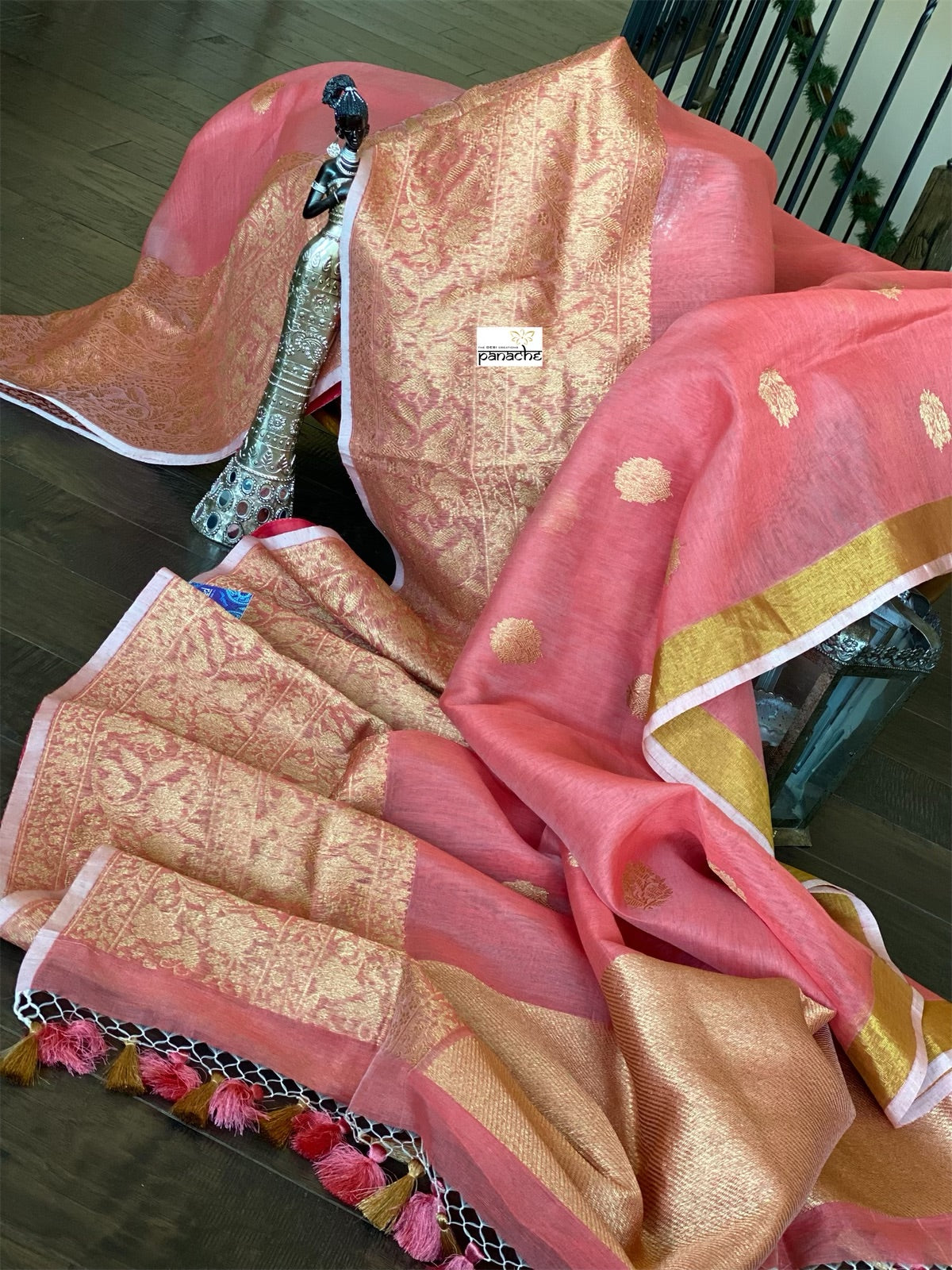 Linen Silk Banarsi - Peach Golden Zari