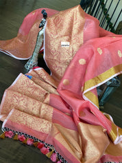 Linen Silk Banarsi - Peach Golden Zari