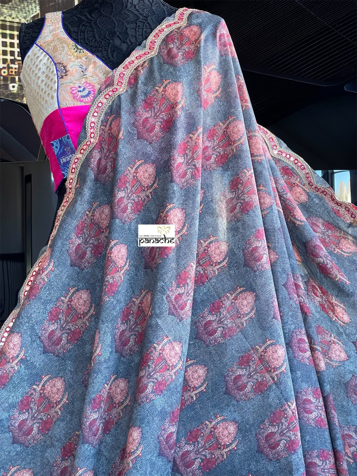 Designer Jute Silk - Grey Orange Printed