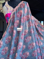 Designer Jute Silk - Grey Orange Printed