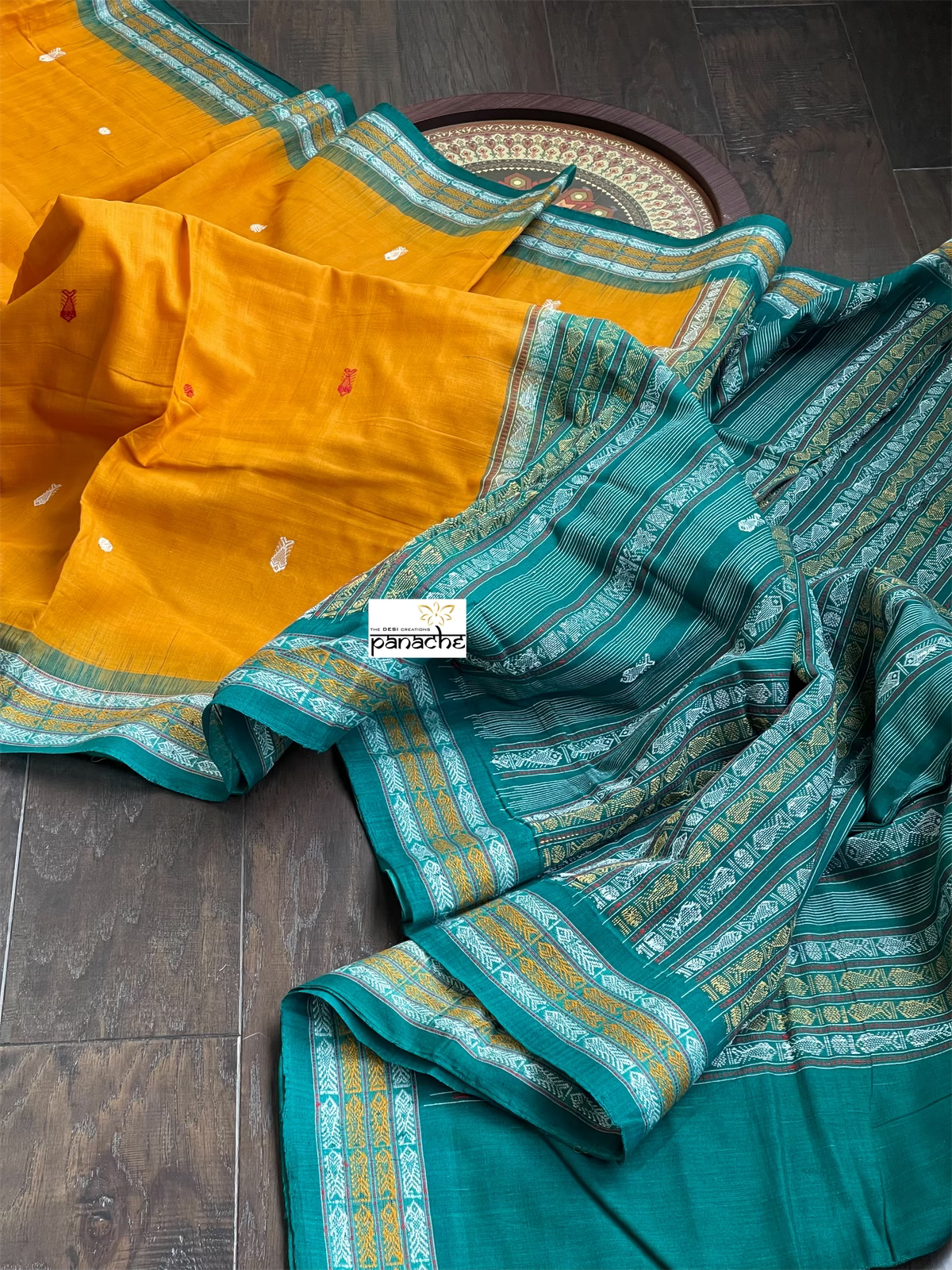 Pure Habaspuri Cotton Handloom - Golden Yellow Teal Green