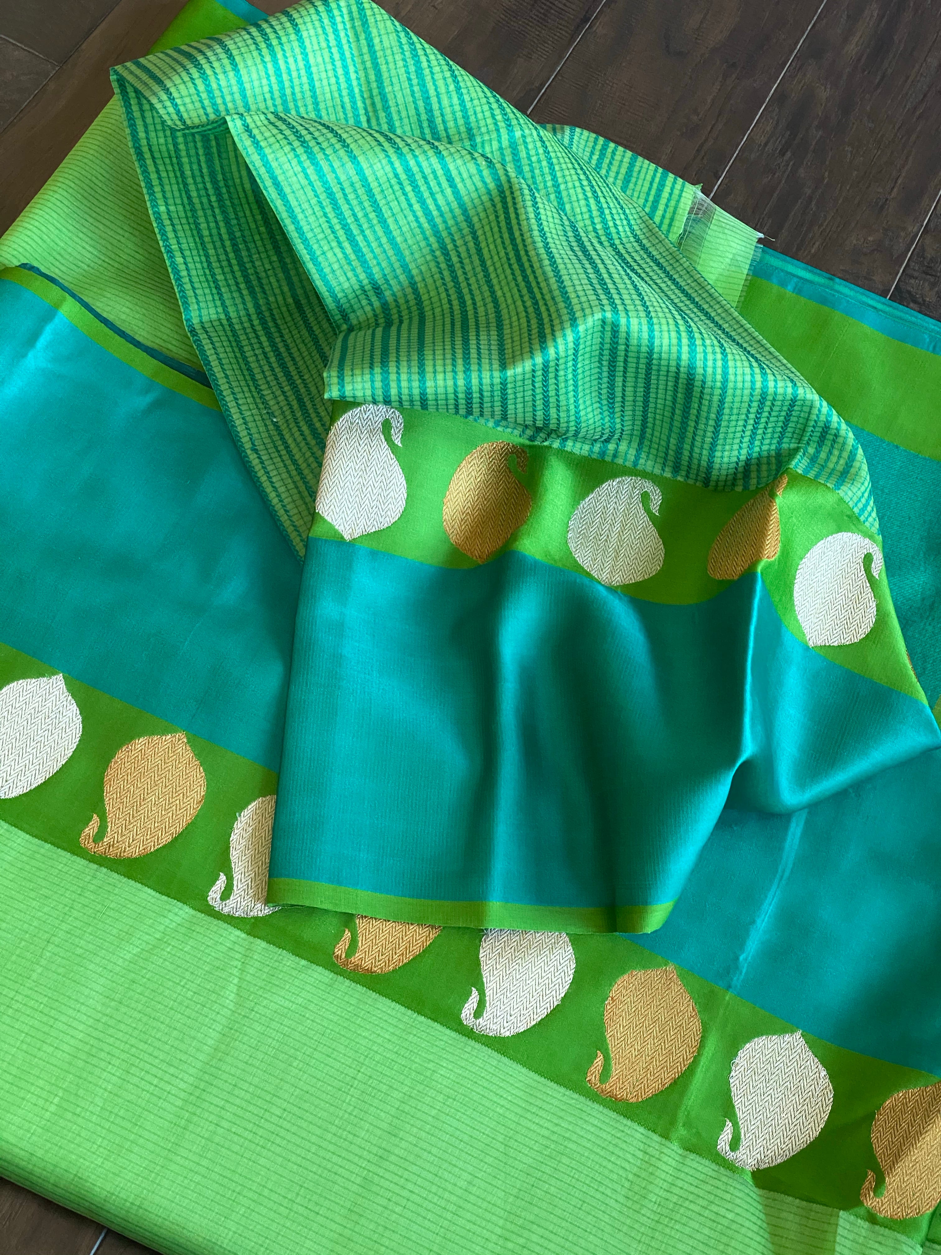 Pure Silk Cotton Banarasi - Green Firozi Khadwa Woven