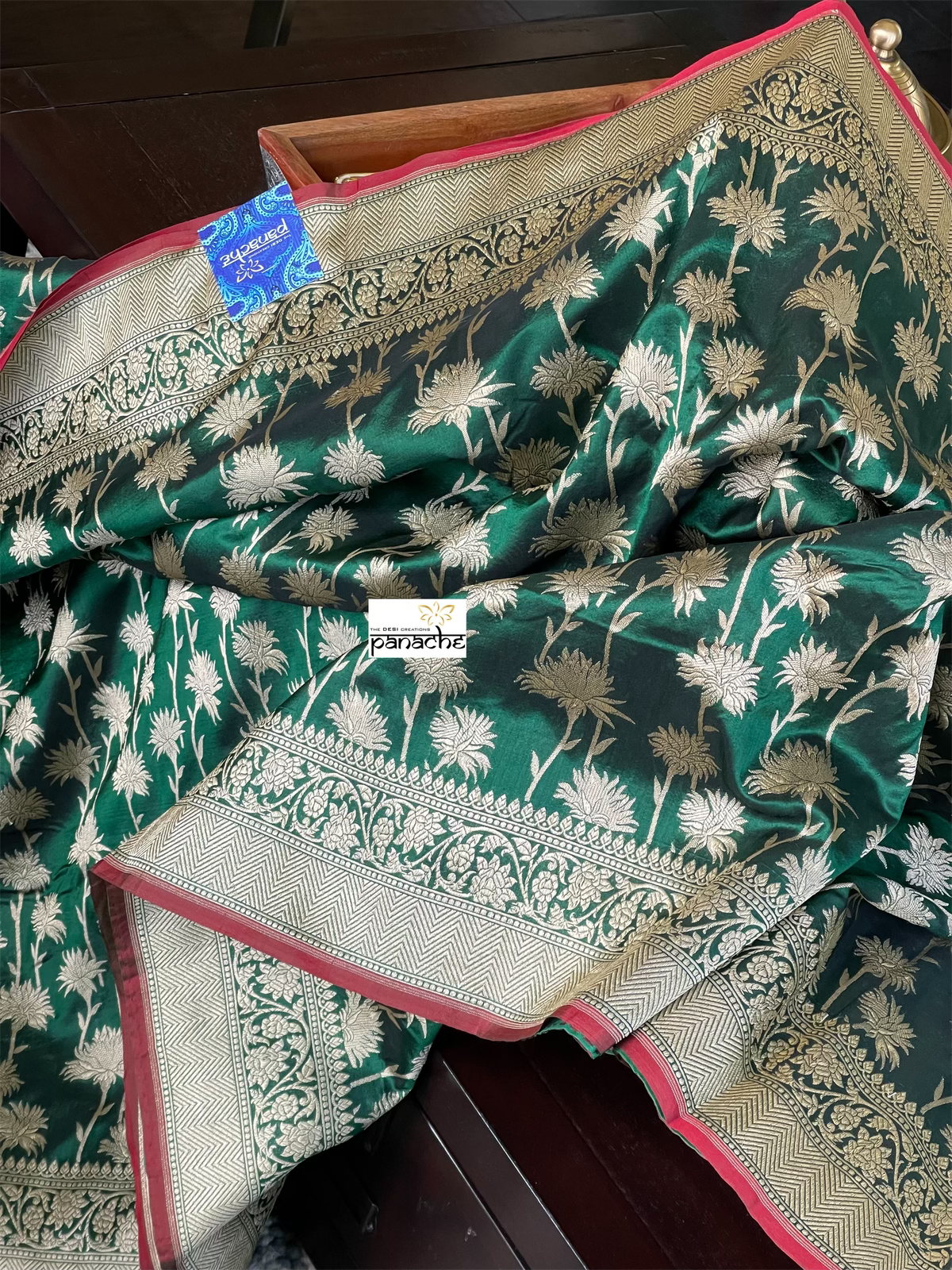 Pure Silk Banarasi - Green Red Antique Golden Zari