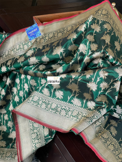 Pure Silk Banarasi - Green Red Antique Golden Zari