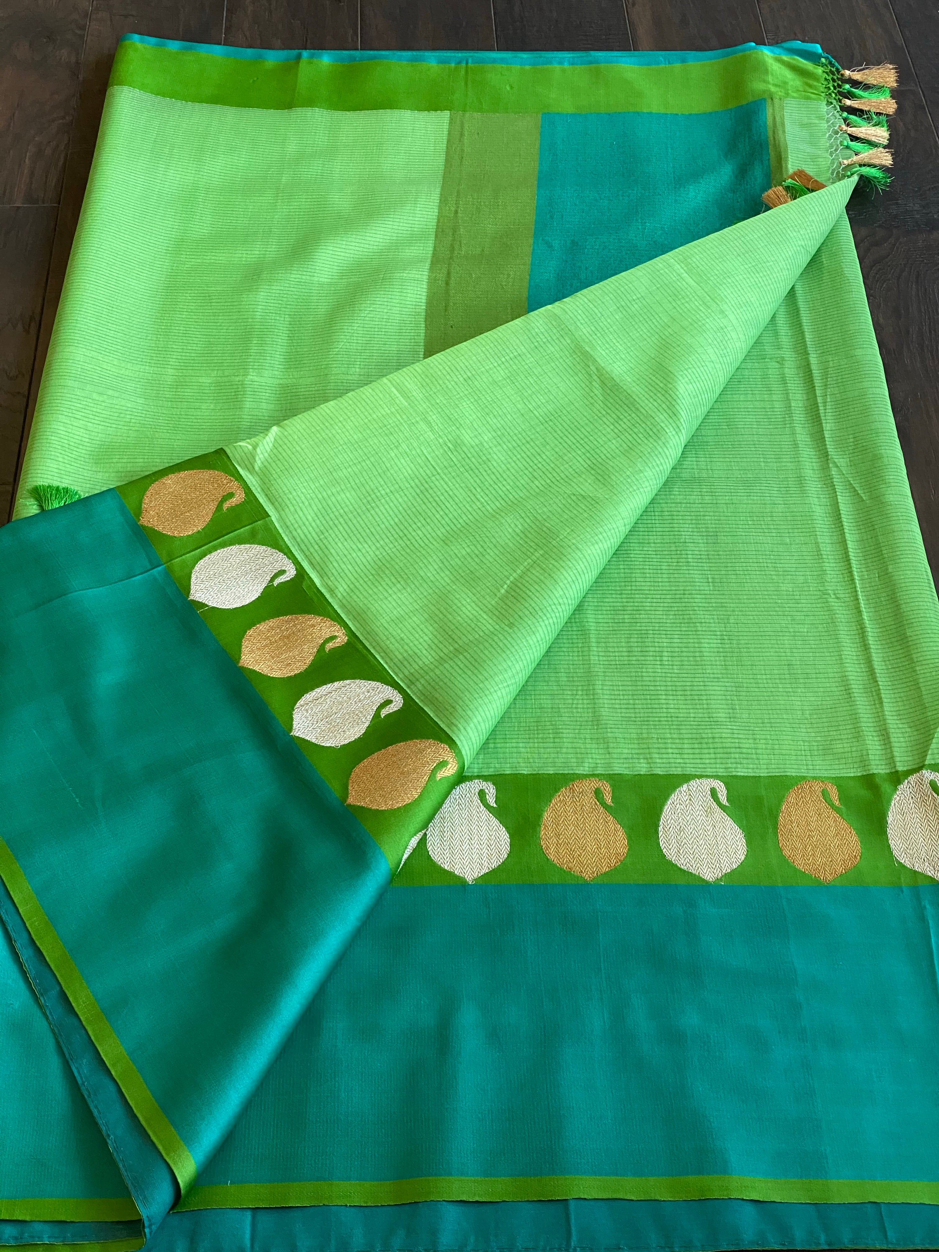 Pure Silk Cotton Banarasi - Green Firozi Khadwa Woven