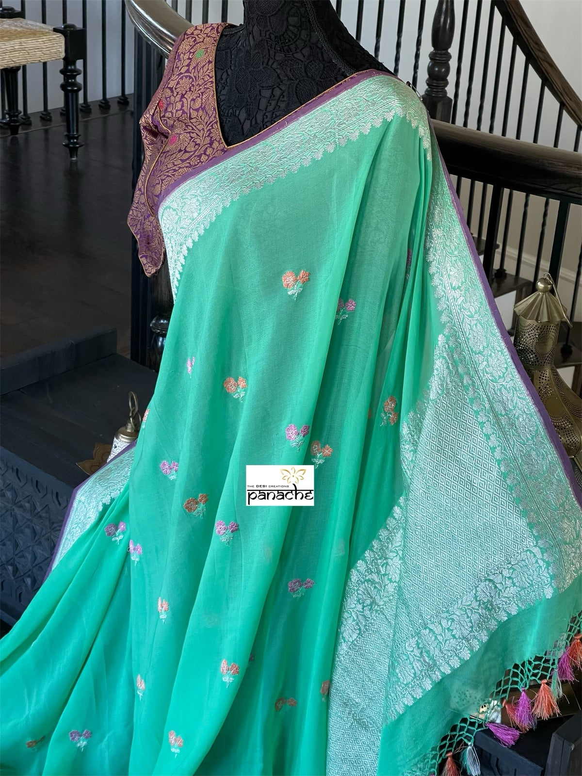 Khaddi Georgette Banarasi - Green Purple Khadhua Woven