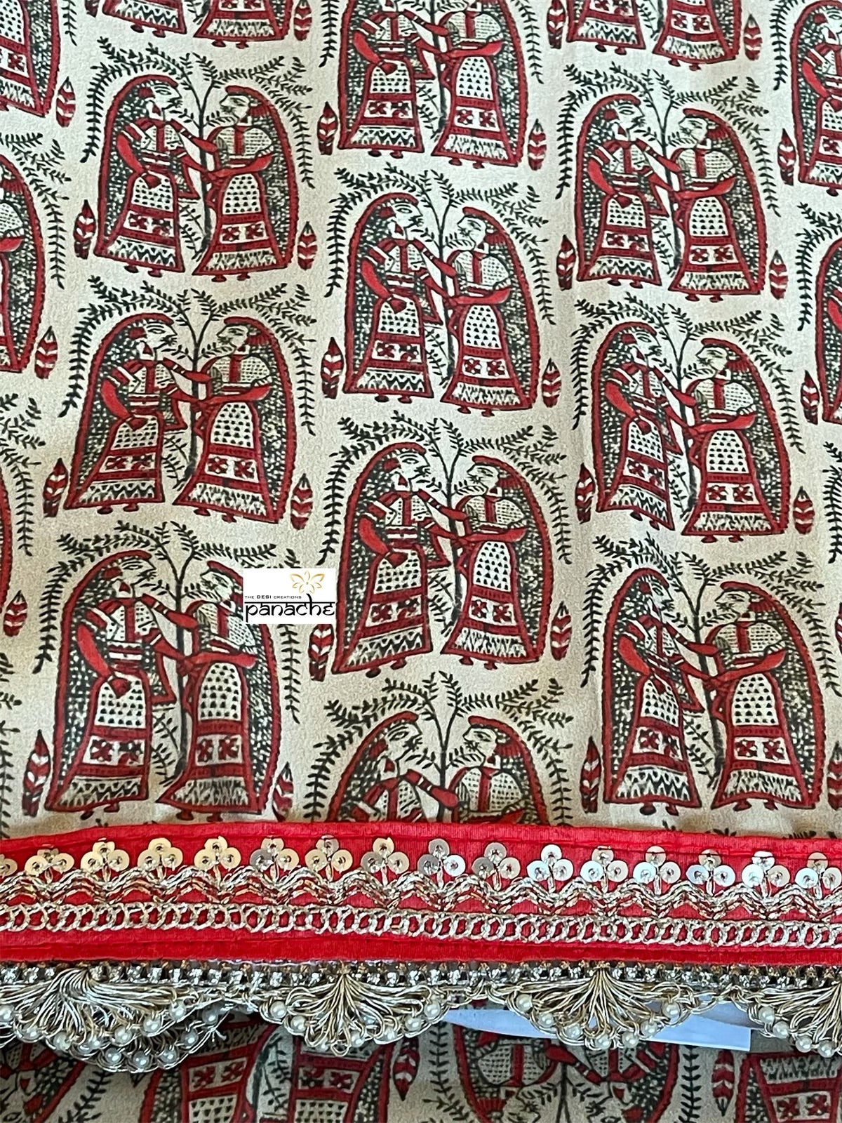 Designer Soft Silk - Beige Red Figurines Printed