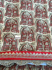 Designer Soft Silk - Beige Red Figurines Printed