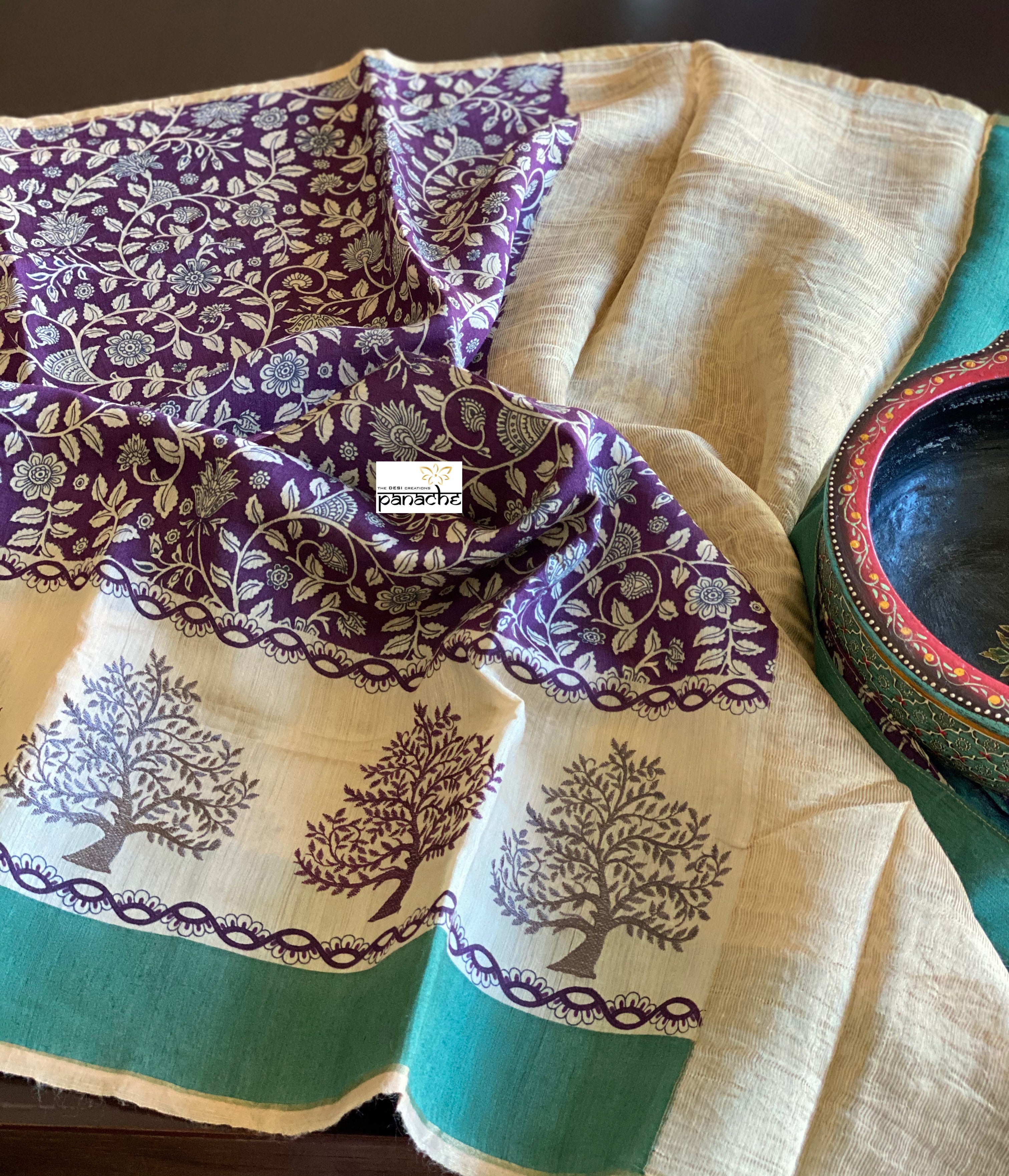 Kalamkari Printed Muga Silk - Purple Teal Embroidered