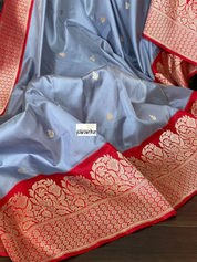 Katan Silk Banarasi - Bluish Grey Red