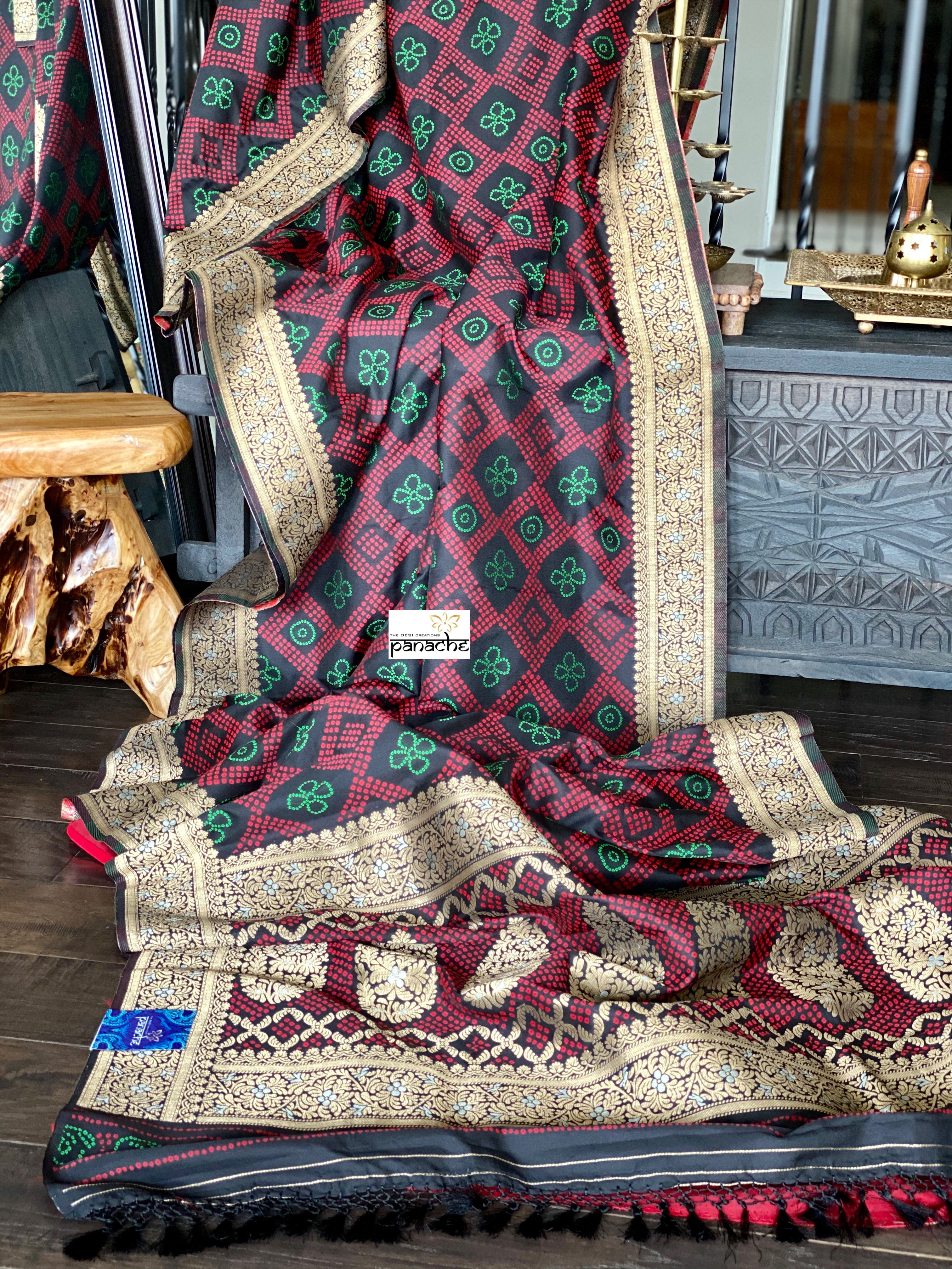 Soft Silk Bandhni Banarasi - Black Maroon Green