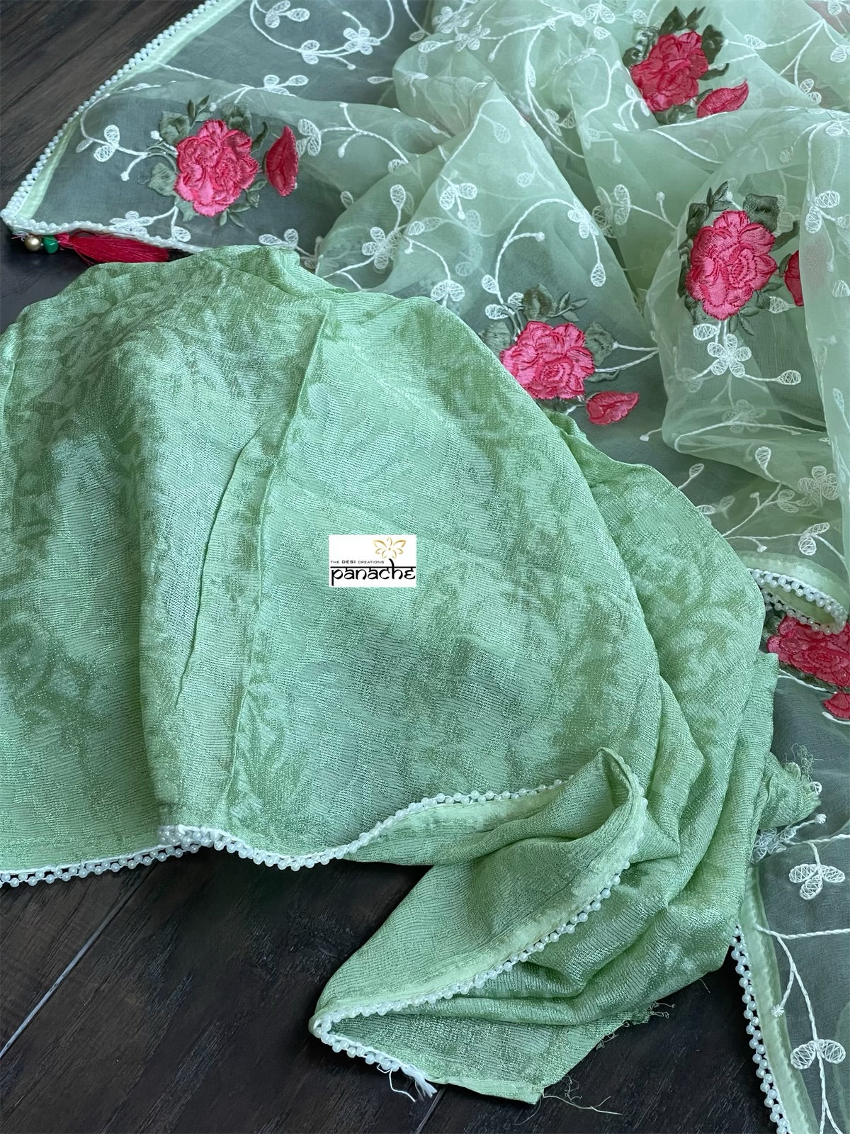 Designer Organza Floral - Pista Green Embroidered