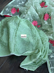 Designer Organza Floral - Pista Green Embroidered