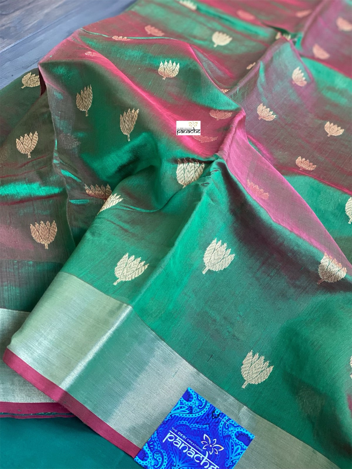 Pure Chanderi Silk - Green Dual Shaded Golden Zari