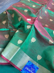 Pure Chanderi Silk - Green Dual Shaded Golden Zari
