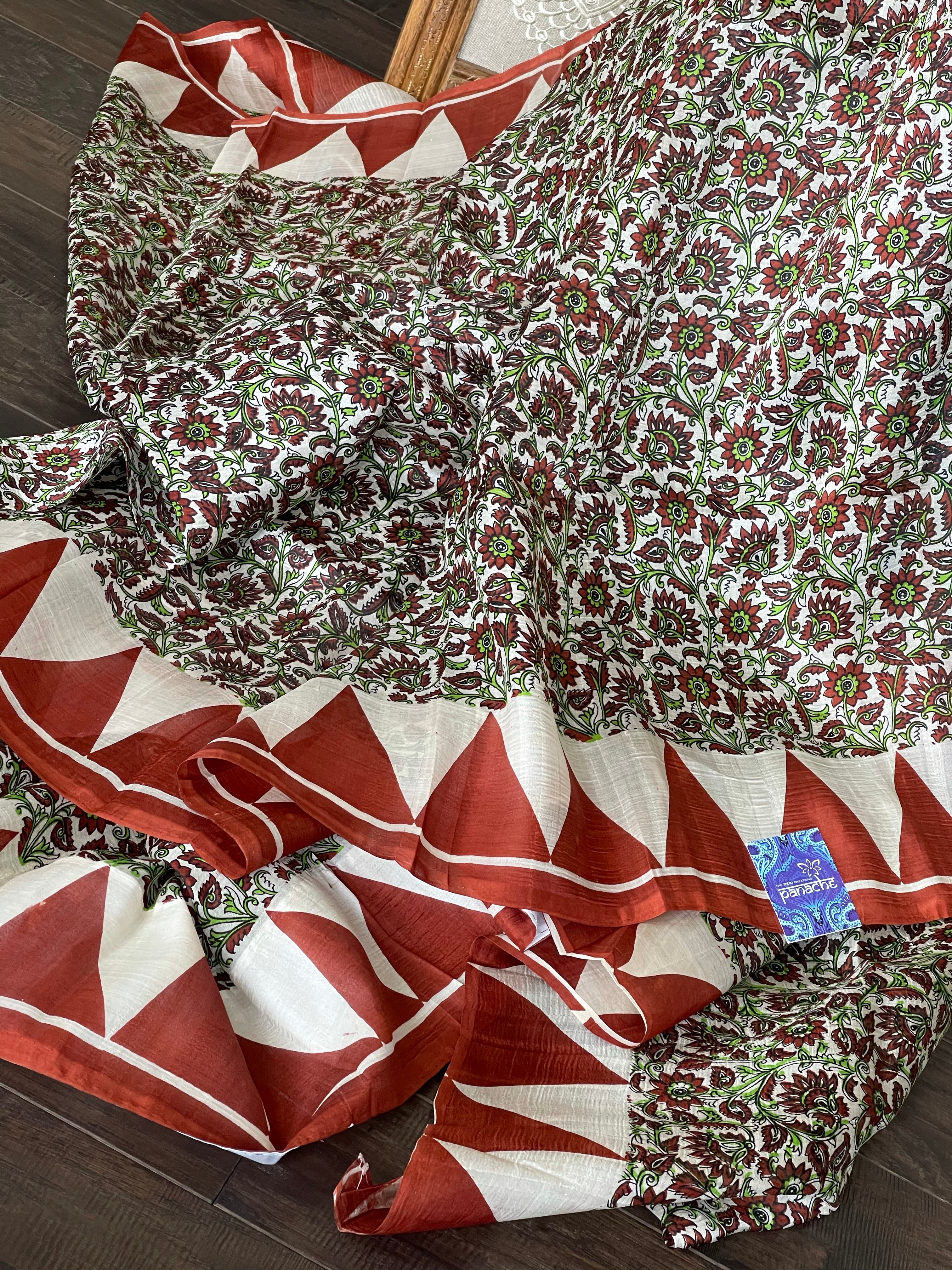 Pure Murshidabad Silk - Green Brown Off White Temple Border Printed
