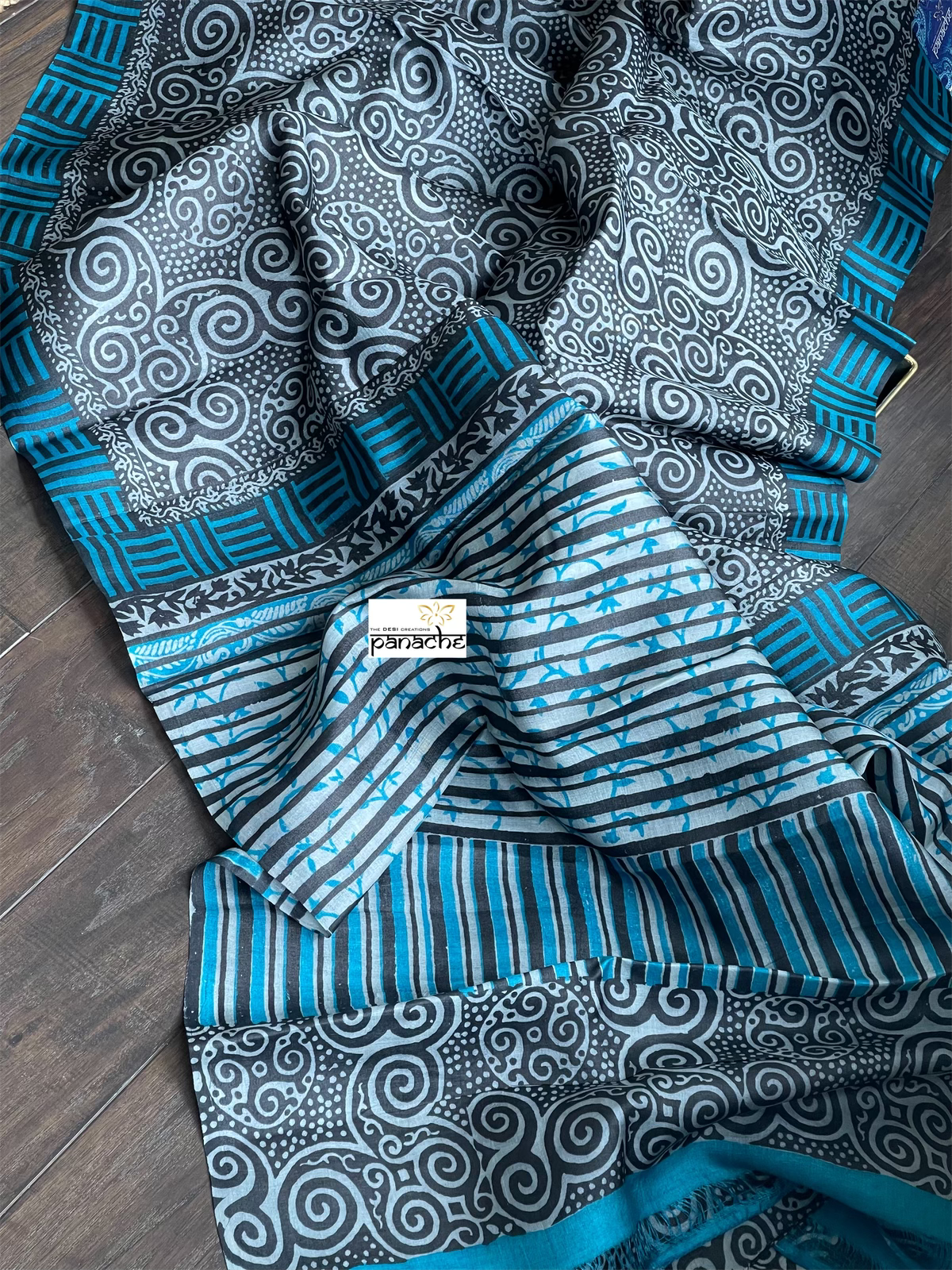 Pure Tussar Silk Printed -  Grey Black Firozi