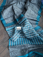 Pure Tussar Silk Printed -  Grey Black Firozi