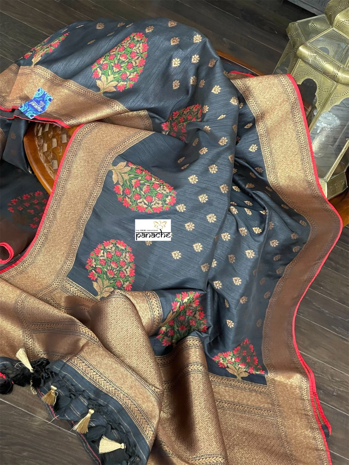 Tussar Silk Banarasi - Black Red Meenakari