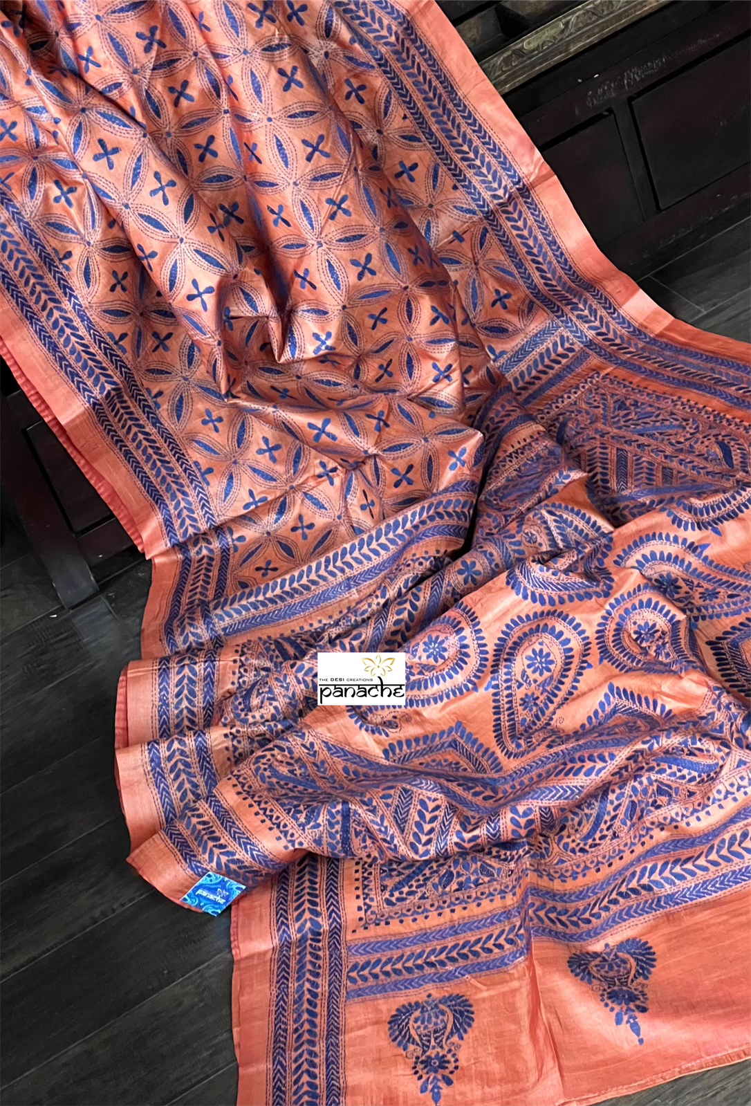 Pure Tussar Silk Kantha Stitch -  Rust Orange