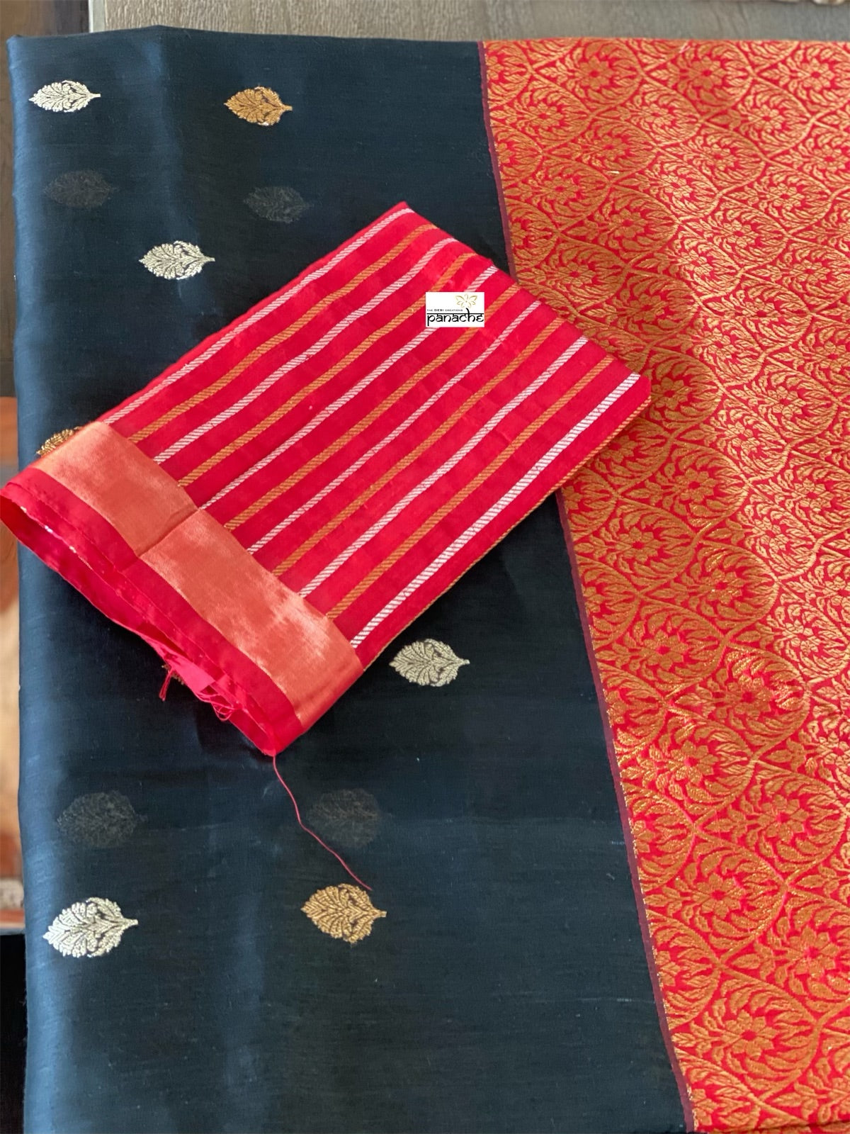 Linen by Tussar Silk Banarasi - Black Red