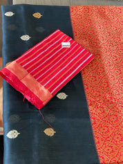 Linen by Tussar Silk Banarasi - Black Red