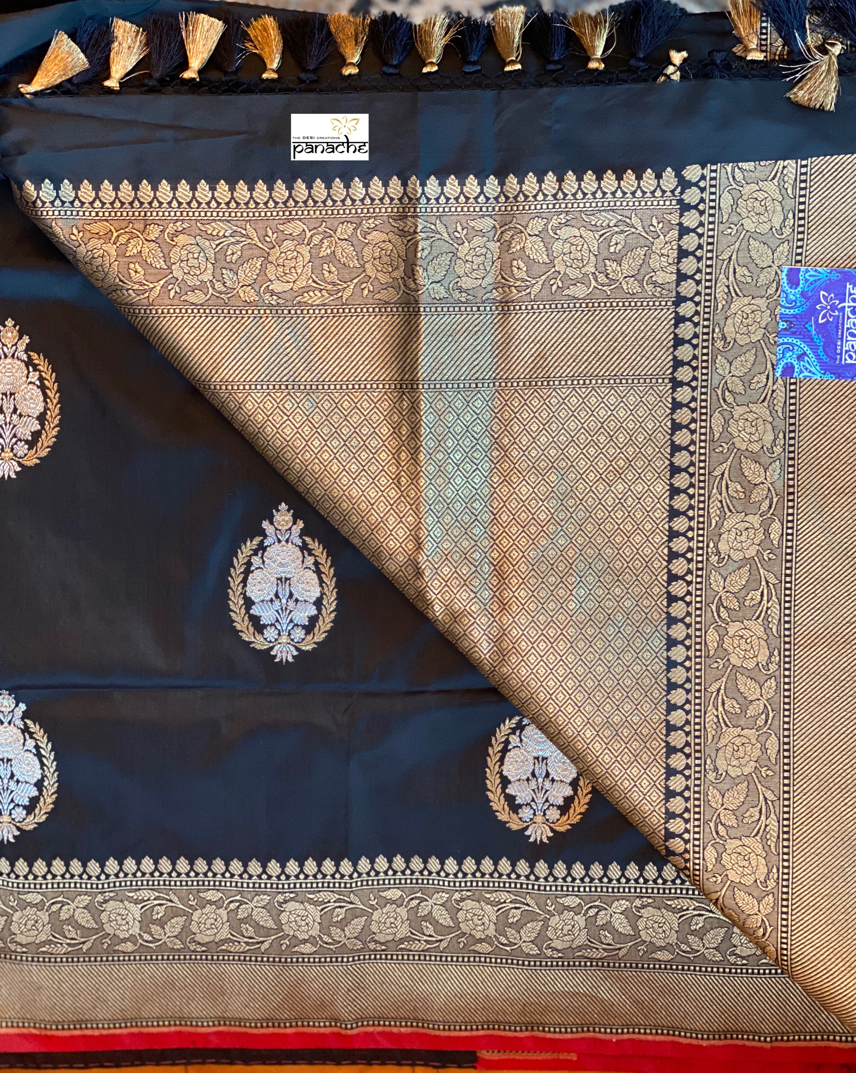Exclusive Katan Silk Banarasi - Black Red Kadwa Woven
