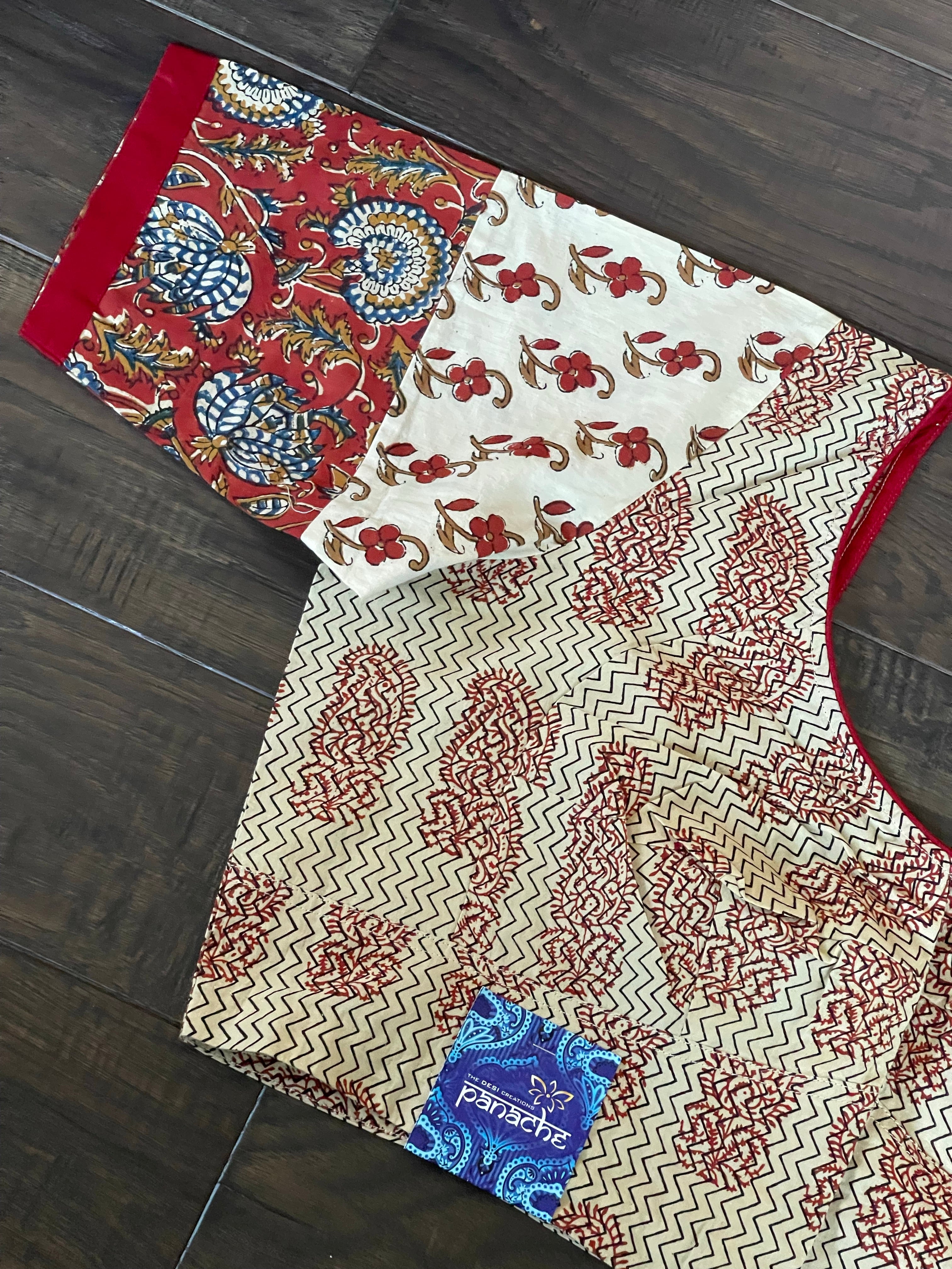 Designer Blouse - Beige Red Blue