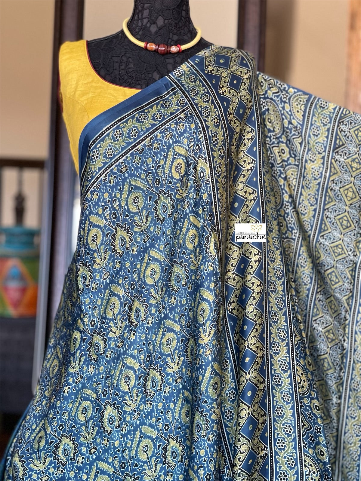 Silk Ajrakh - Persian Blue Ochre Yellow