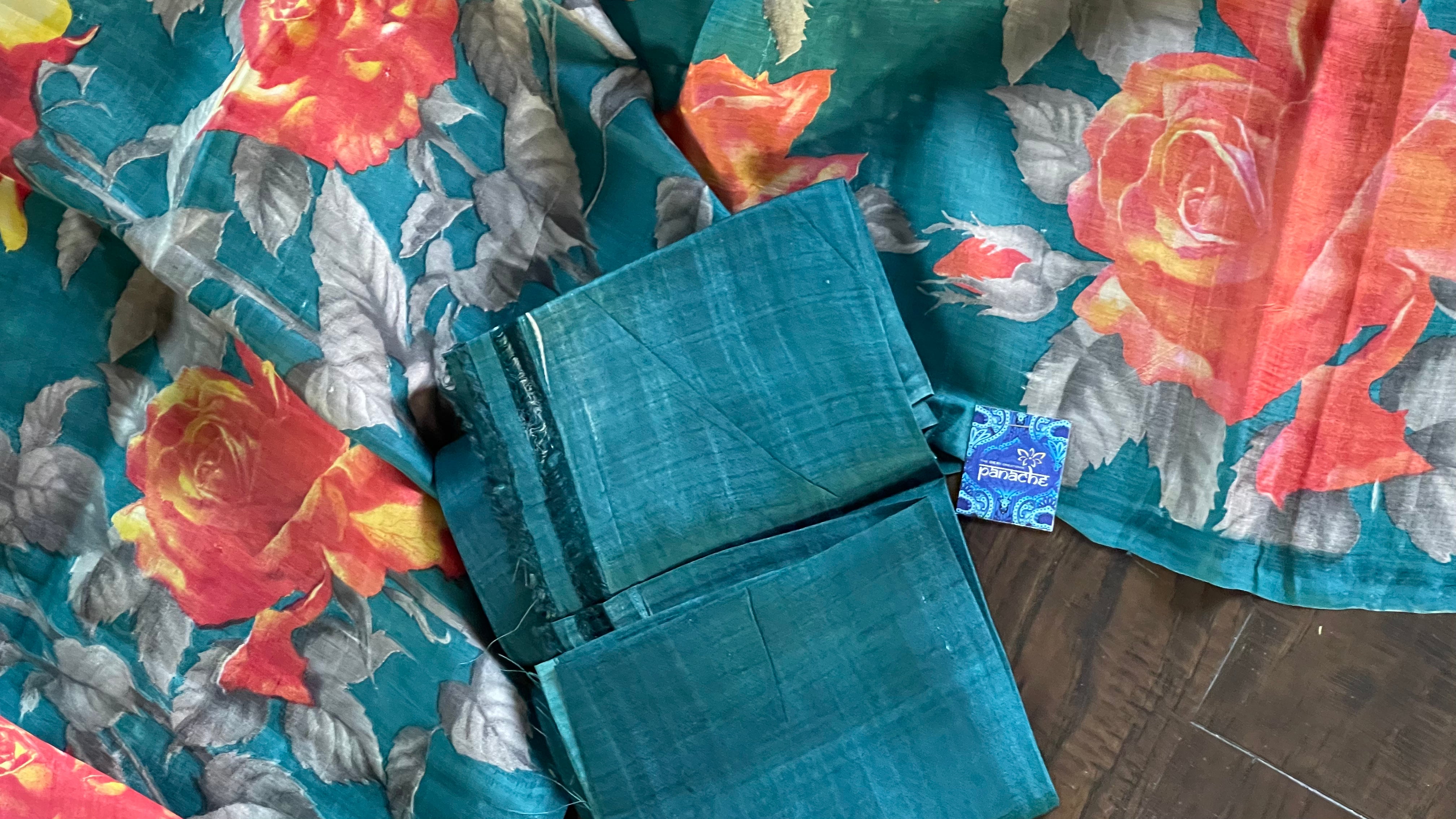 Pure Tussar Silk - Teal Blue Digital Printed