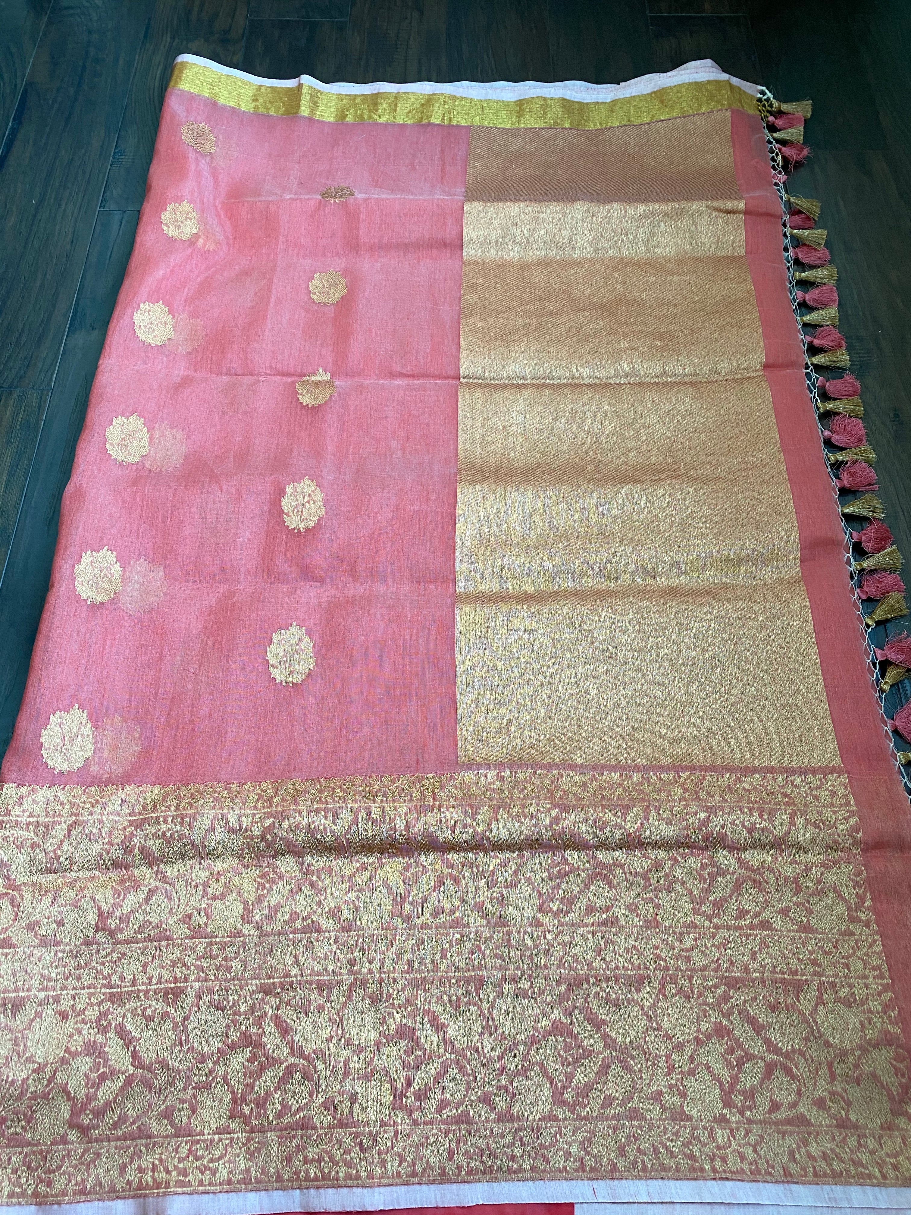 Linen Silk Banarsi - Peach Golden Zari
