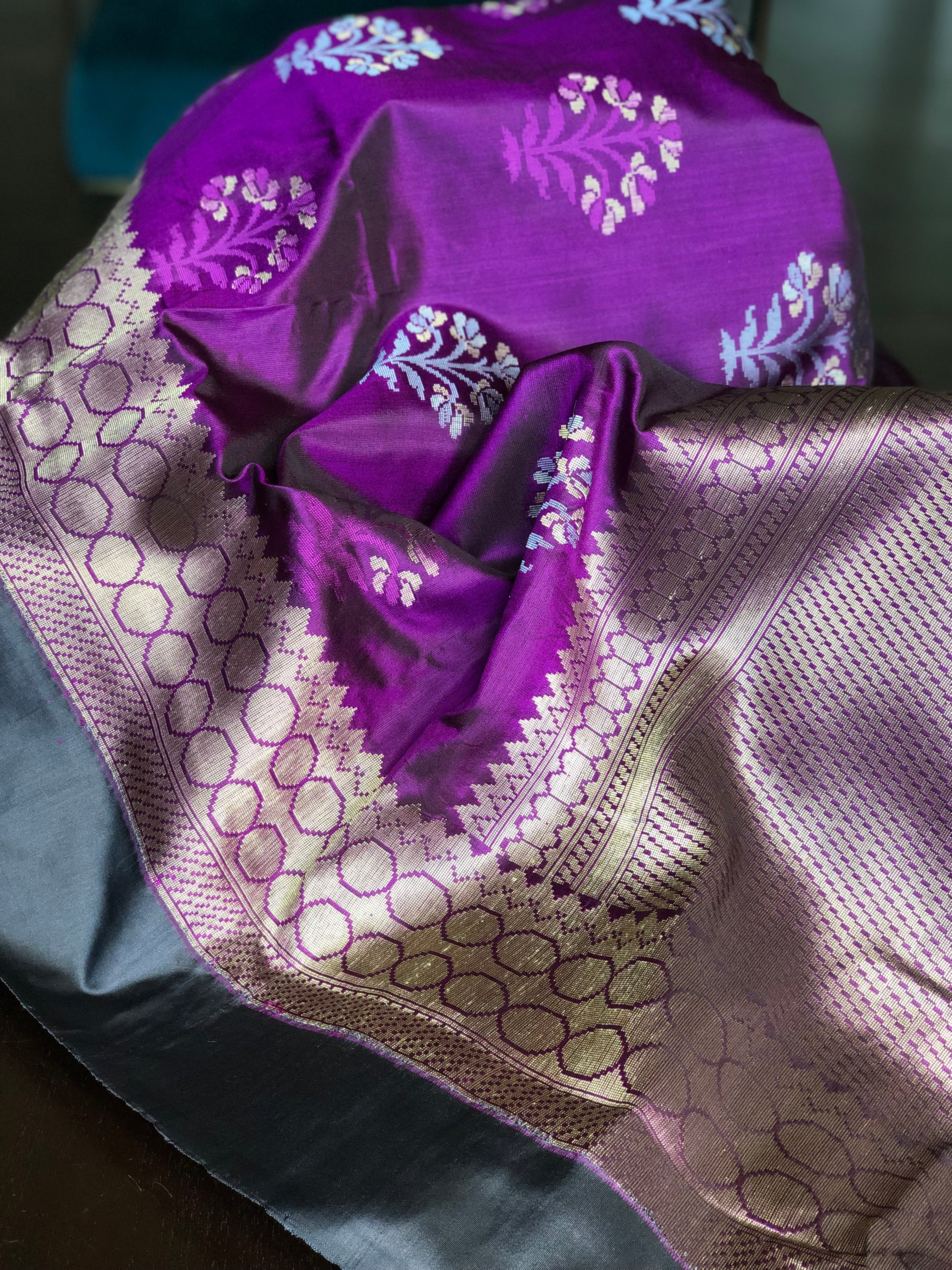 Pure Silk Katan Banarasi - Purple Meenakari Motifs