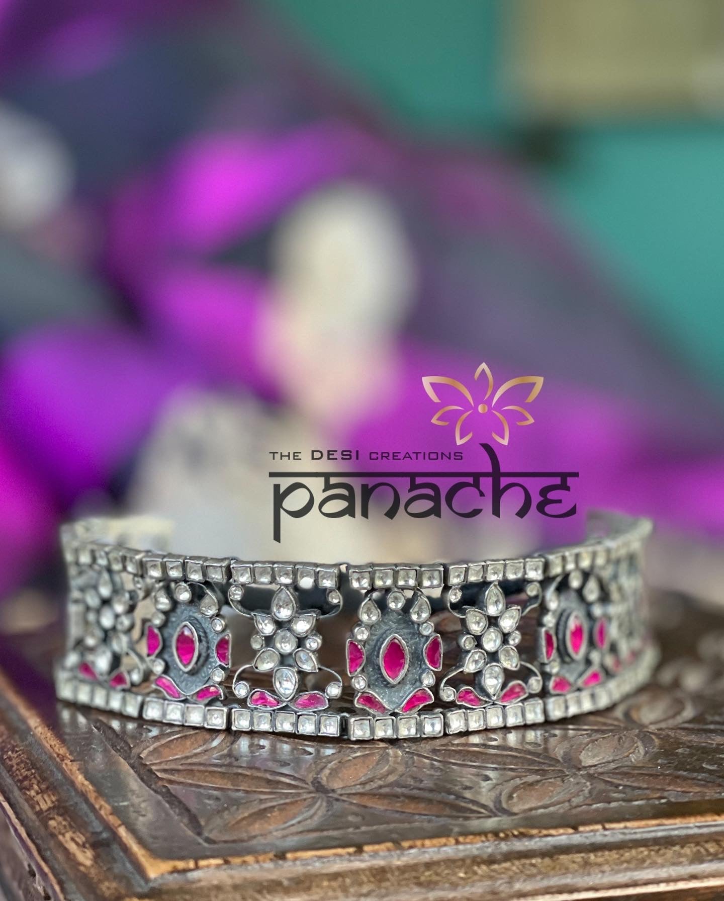 Silver 925 Choker Set - Silver Pink Kundan Stone