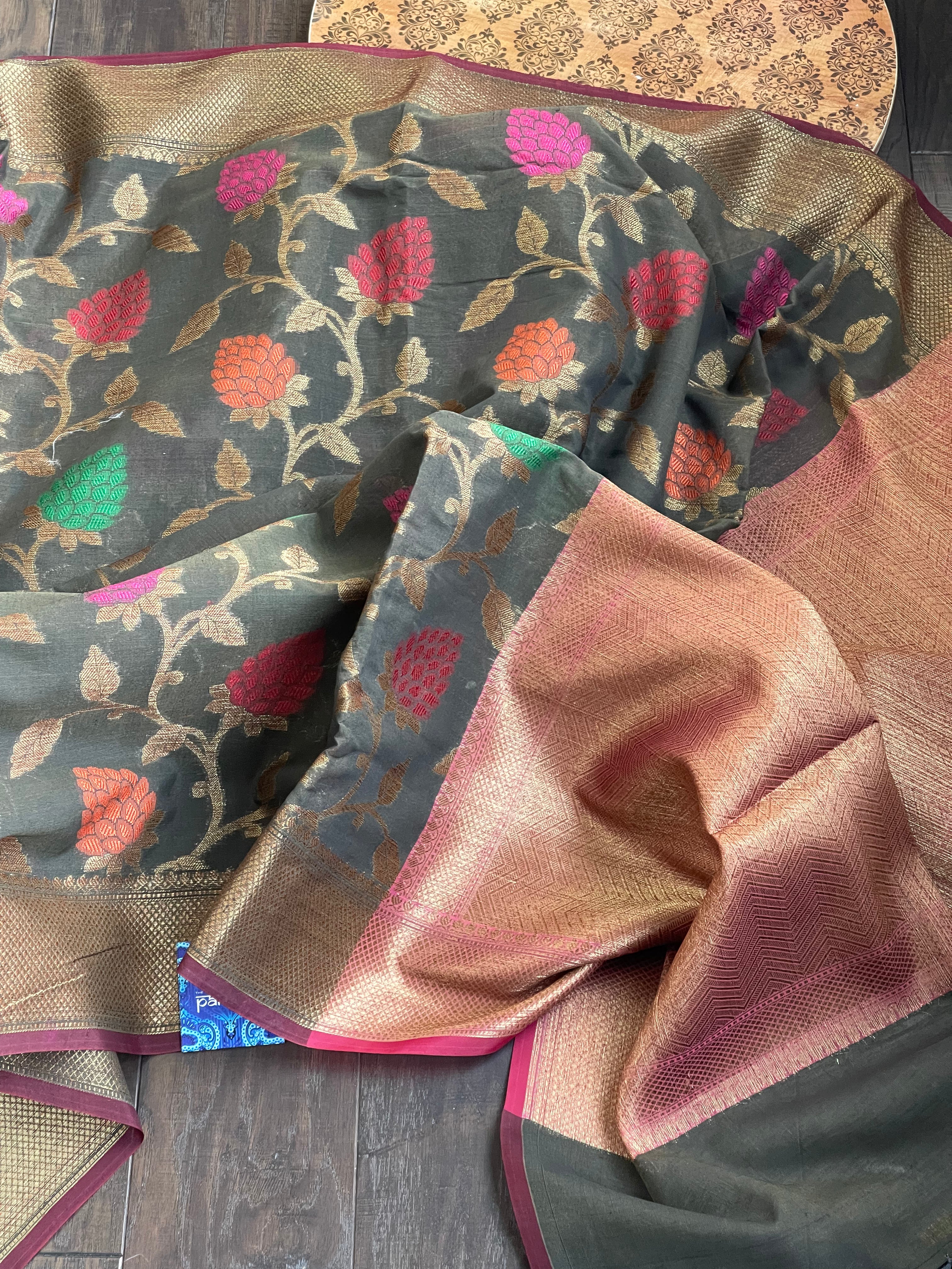 Cotton Silk Banaras Chanderi - Black Meenakari