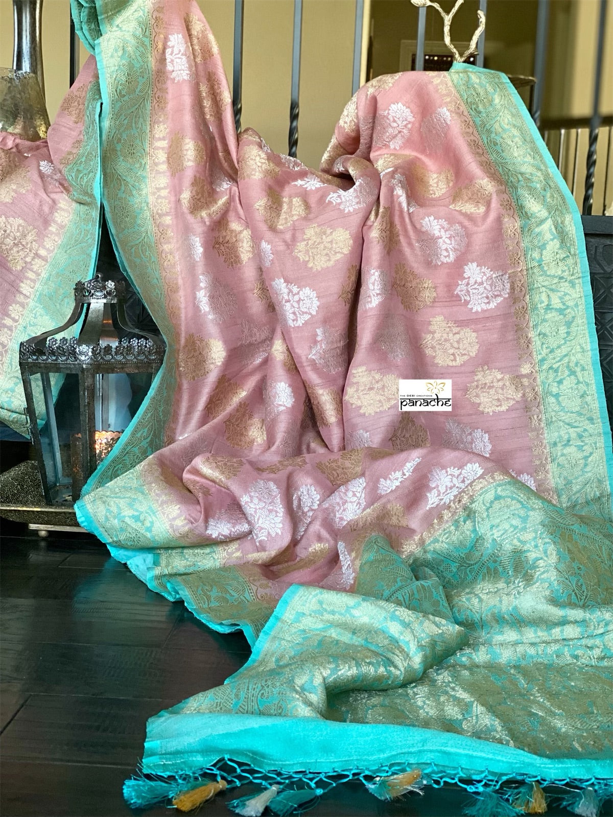 Tussar Georgette Banarasi- Peach Pink Sea Green