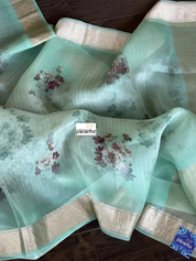 Banarasi Organza Floral - Mint Antique Golden Zari