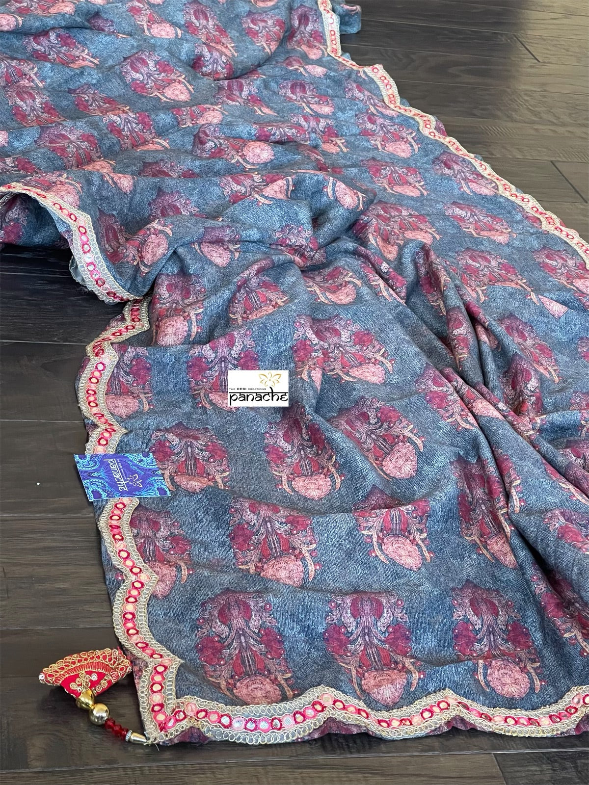 Designer Jute Silk - Grey Orange Printed