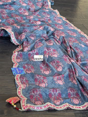 Designer Jute Silk - Grey Orange Printed