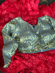 Designer Blouse - Blue Grey Brocade Full Sleeve