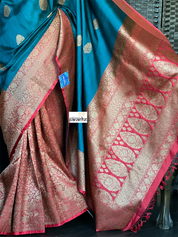 Tussar Silk Banarasi - Teal Blue Red Patli Pallu