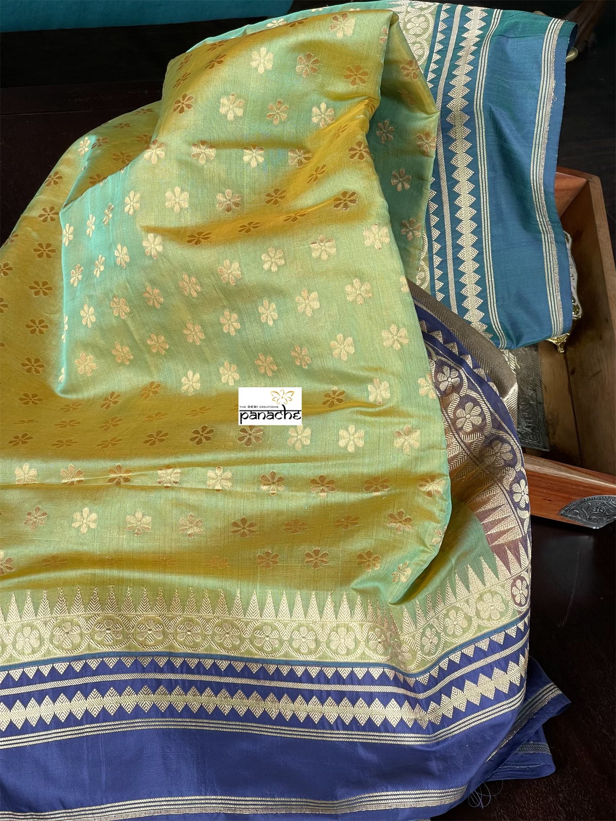 Organza Katan Silk Banarasi -  Pista Green Blue Kadwa