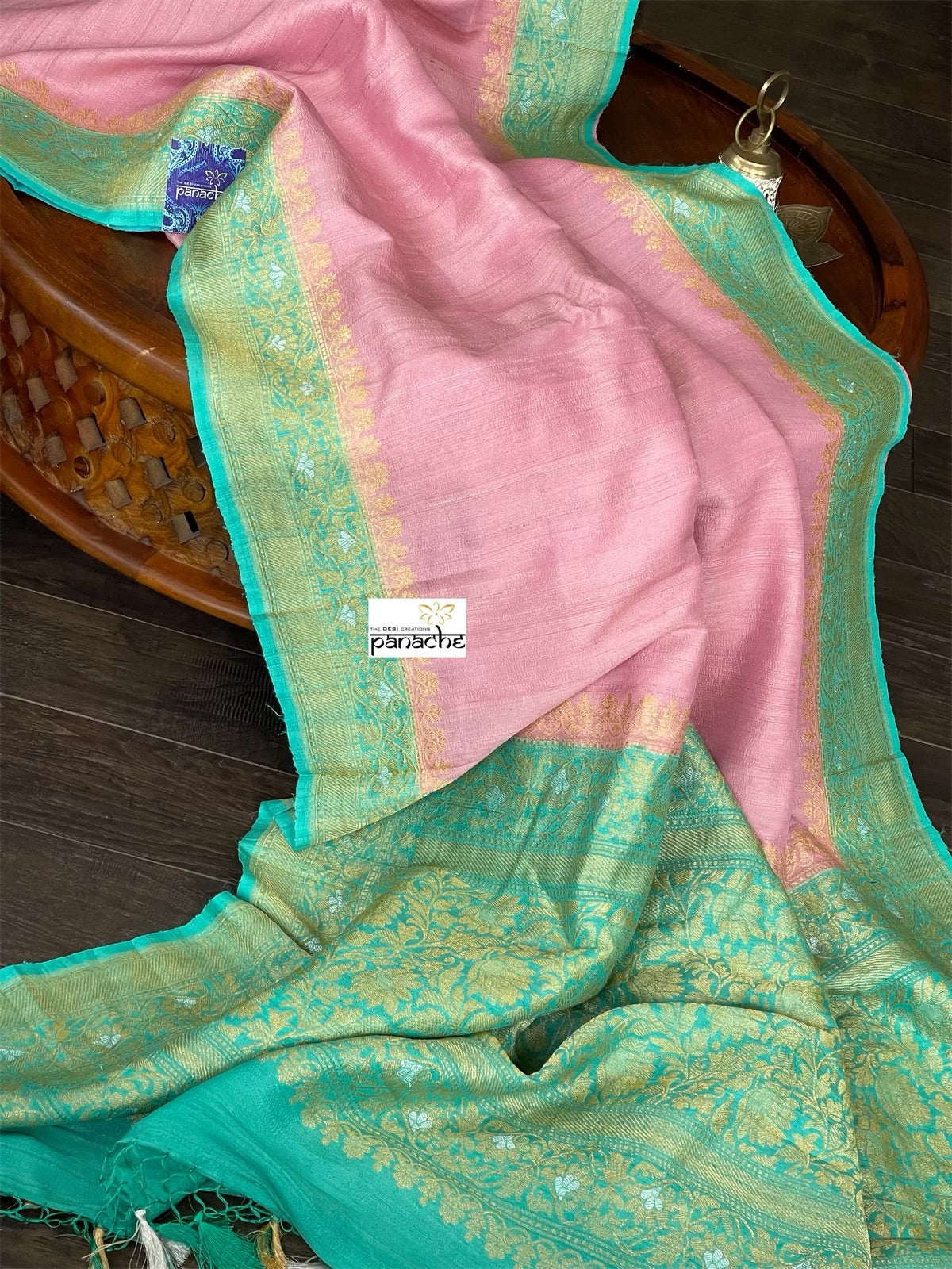 Tussar Georgette Banarasi- Pink Sea Green