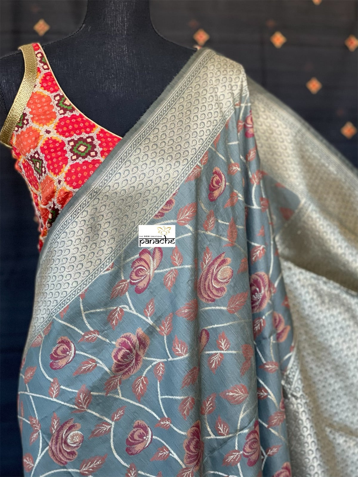Muga Silk Banarasi - Grey Maroon Golden Zari