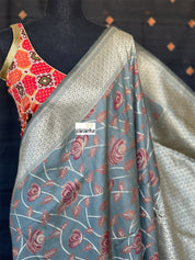 Muga Silk Banarasi - Grey Maroon Golden Zari