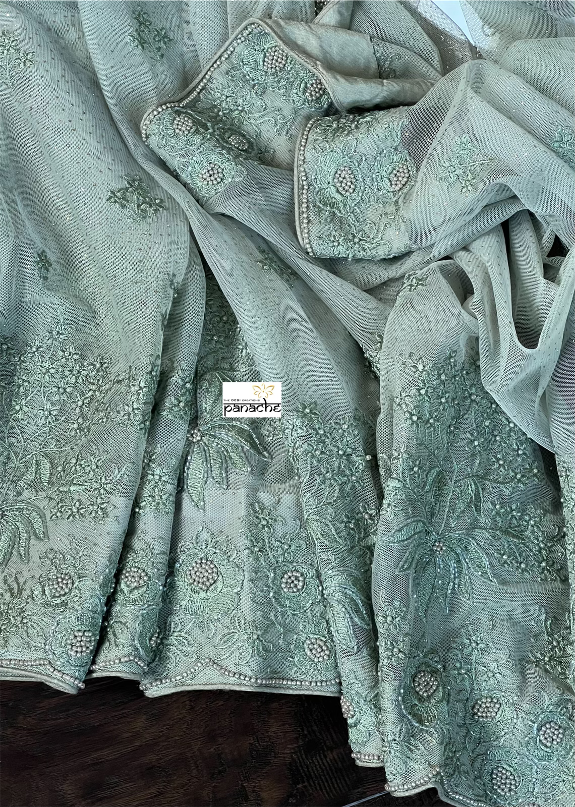 Designer Pure Net Embroidered - Sage Golden